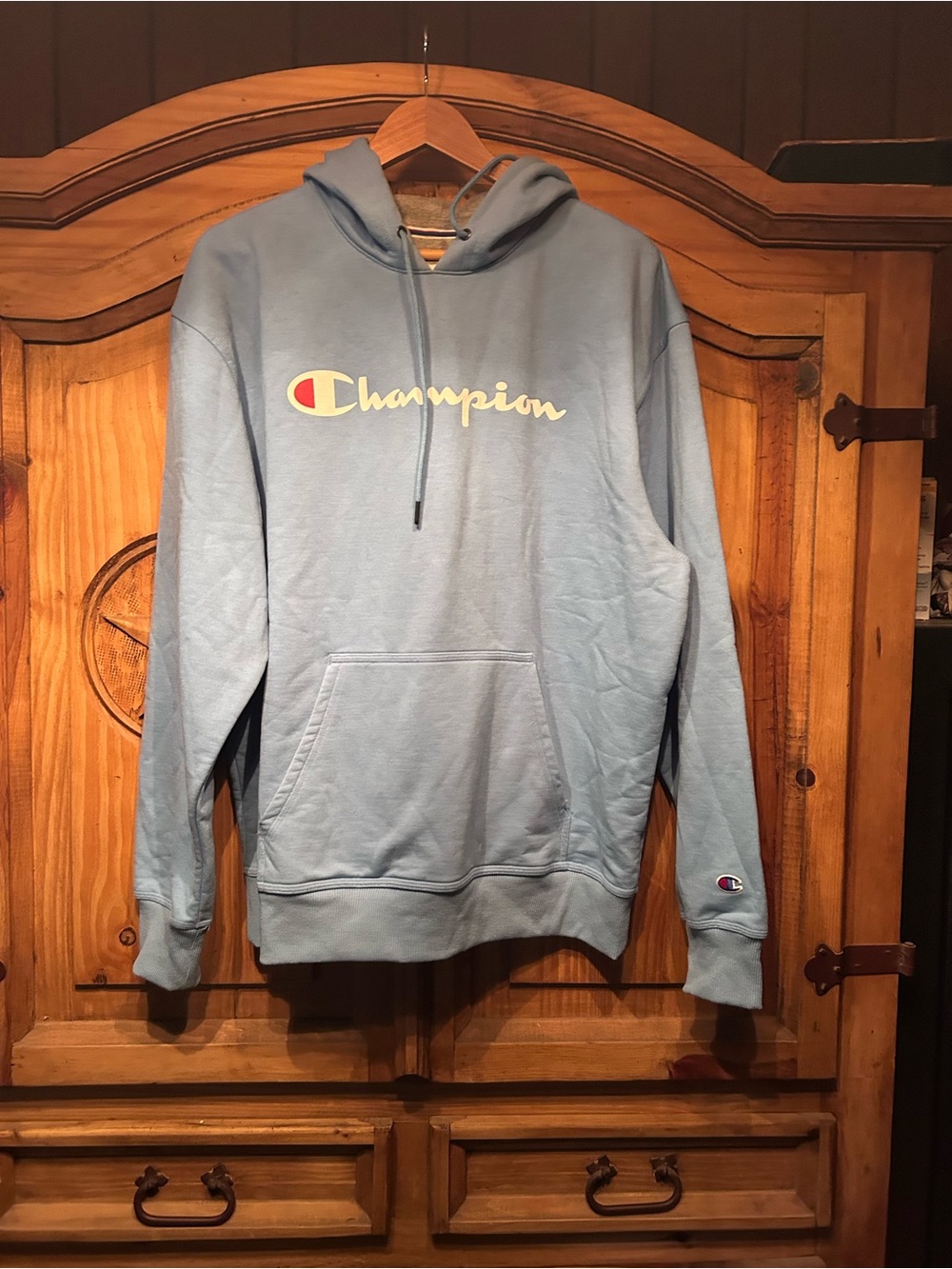Champion Men’s Light Blue Crewneck Hoodie with Script Logo